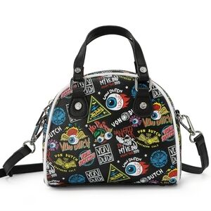 Von Dutch Black Jax Sachel Bowling Crossbody Purse Bag Eyes Multi-logo NWOT